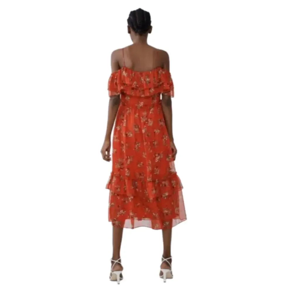 ZARA Red Floral Off The Shoulder Ruffled Tiered Chiffon Midi Dress Size XS - Picture 3 of 17